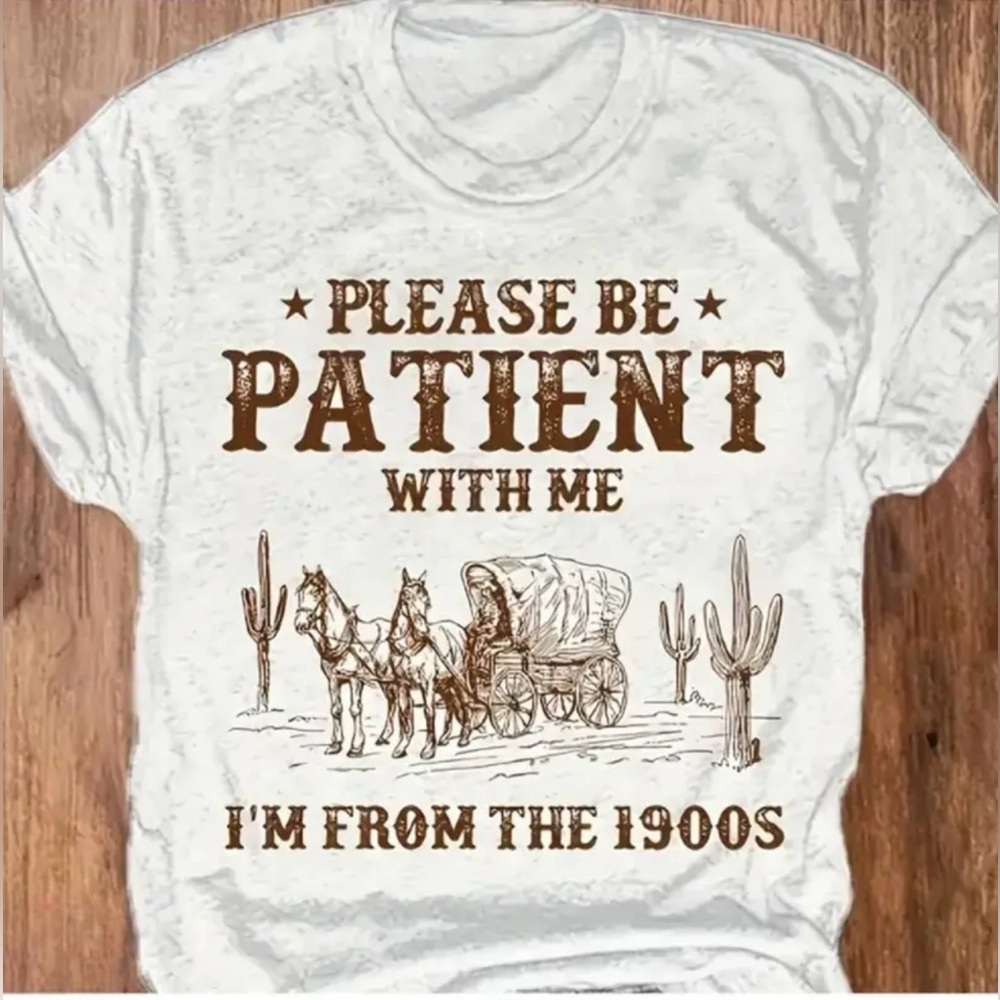 Be Patient With Me Print Tee Shirt Brown Lettering 2X White Cotton Unisex Wester